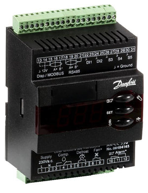 Universele regelaar AK-CC 350 230Va.c. IP-20 excl. voelers (DIN-rail). Geschikt voor Pt-1000, PTC-1000 of NTC voelers. Met vaste MODBUS datacommunicatie.