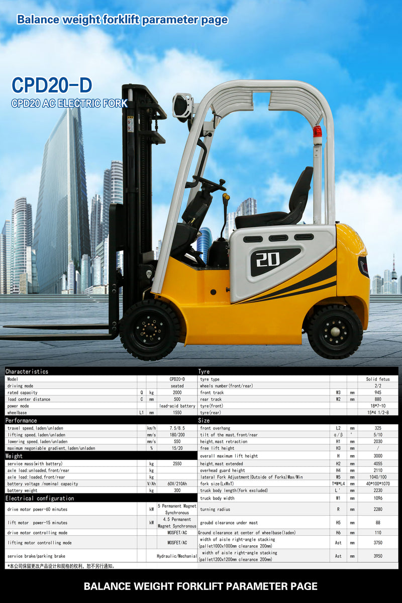 2 Ton Electric Forklift 4M Lift Height Mast Dismantling Required
