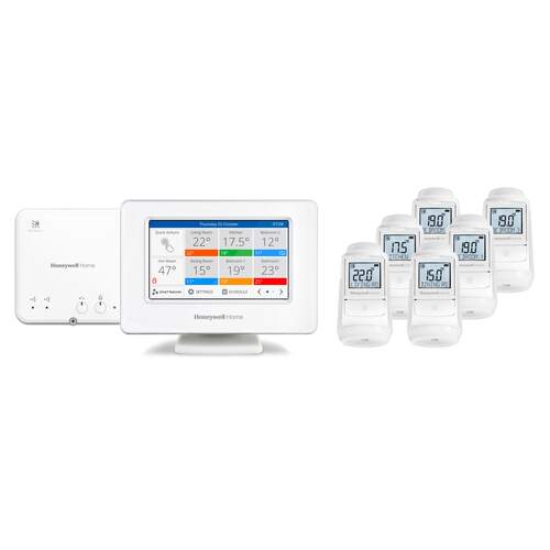Honeywell Home evohome zoneregelingspakket, 6-zone - bedieningspaneel, met R9H stuurmodule en 6x HR93 radiatorregelaar