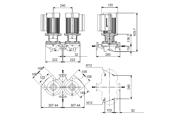 Inlinepomp TPED 32-230/2-S-A-F-A-BQQE 0.75kW 1X230 50Hz