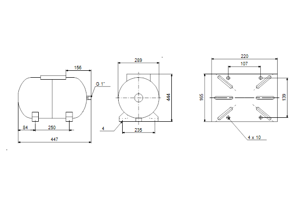 Drukvat GT-H-24 PN10 G1 H, horizontaal, met voet en p.stand, diaph.