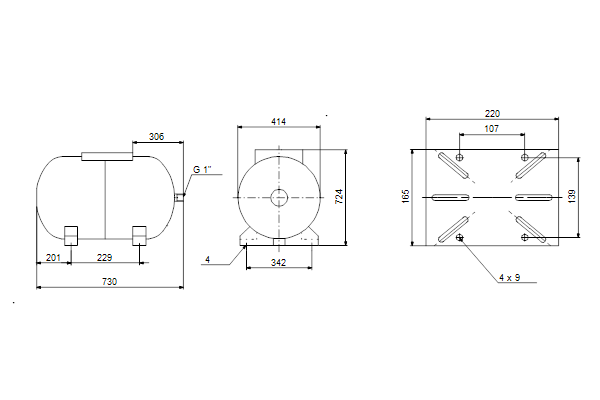 Drukvat GT-H-80 PN10 G1 H, horizontaal, met voet en p.stand, diaph.